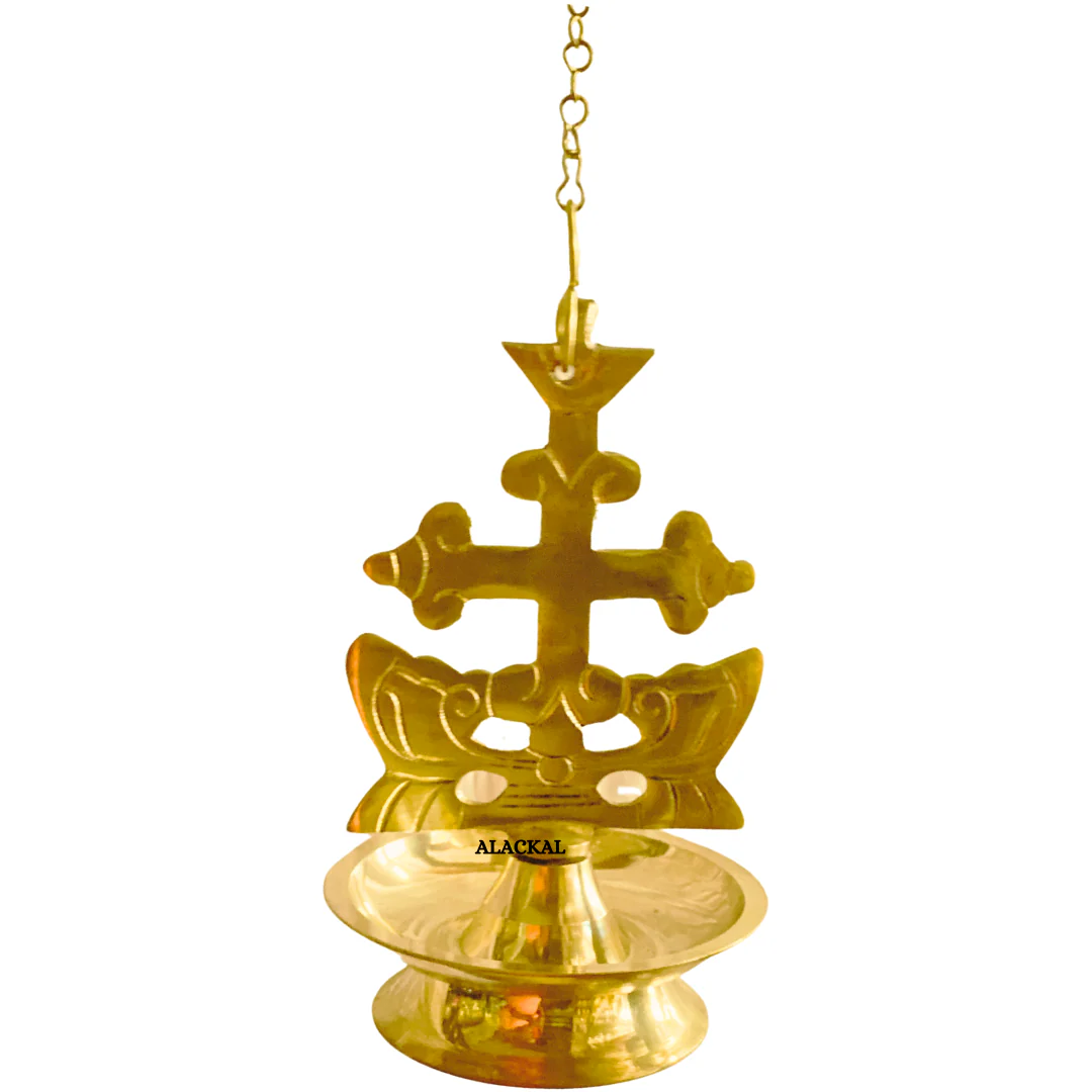 BRASS CROSS HANGING LAMP WITH CHAIN AND HOOKS | KURISHU THOOKKUVILAKKU - Image 3