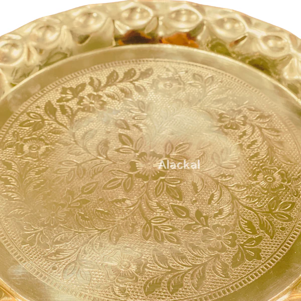BRASS FLORAL DESIGNED THALIKA / THALAM / THAMBOOLAM / PLATE WITH WAVE- SHAPED CORNERS FOR HINDU WEDDING RITUALS TO KEEP FLOWERS OR FRUITS  | GIFT HAMPER - Image 3