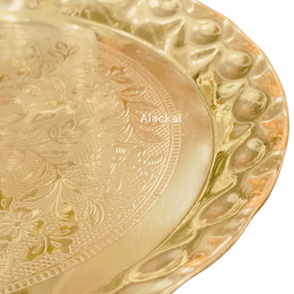 BRASS FLORAL DESIGNED THALIKA / THALAM / THAMBOOLAM / PLATE WITH WAVE- SHAPED CORNERS FOR HINDU WEDDING RITUALS TO KEEP FLOWERS OR FRUITS  | GIFT HAMPER - Image 4