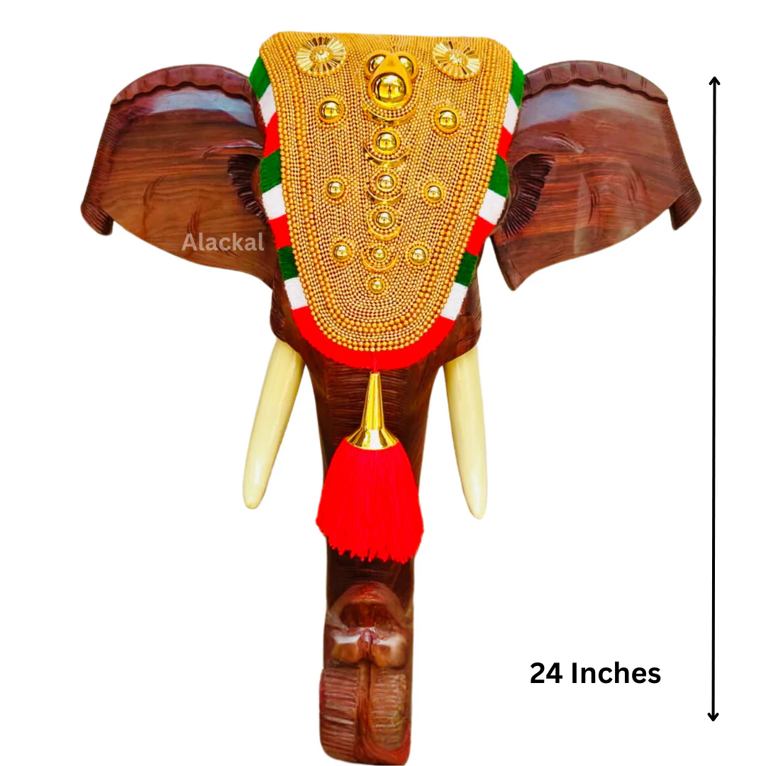 HANDCRAFTED WOODEN ELEPHANT POORAM HEAD WITH NETTIPATTAM - Image 10