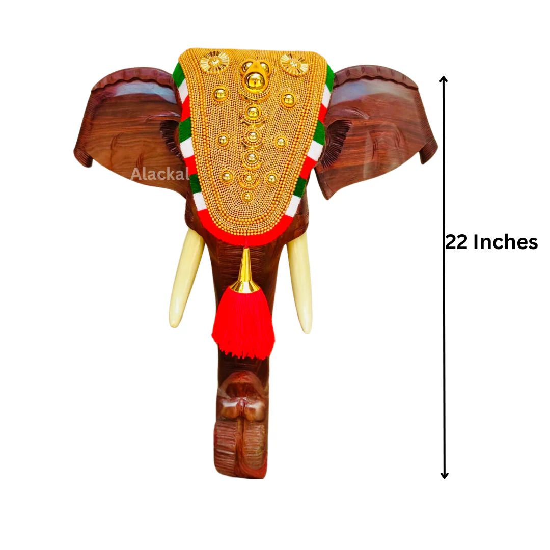 HANDCRAFTED WOODEN ELEPHANT POORAM HEAD WITH NETTIPATTAM - Image 9
